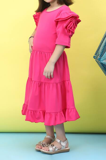 Buy_Samyukta Singhania_Pink Cotton Ruffles Knee-length Dress With Rose Sleeves_Online_at_Aza_Fashions