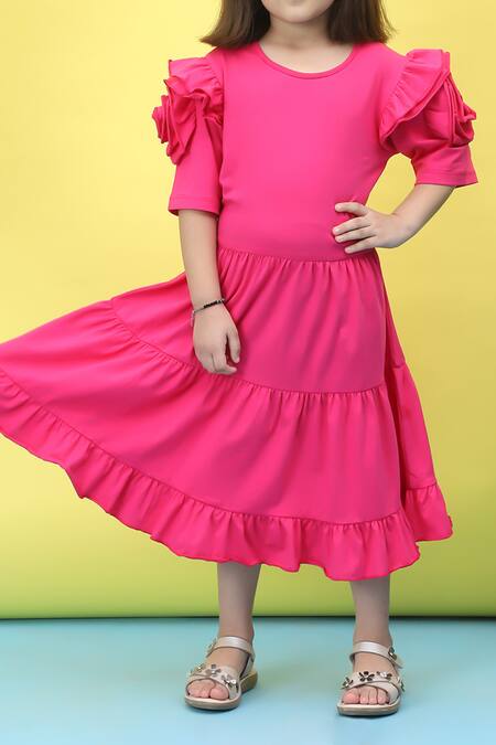 Shop_Samyukta Singhania_Pink Cotton Ruffles Knee-length Dress With Rose Sleeves_Online_at_Aza_Fashions