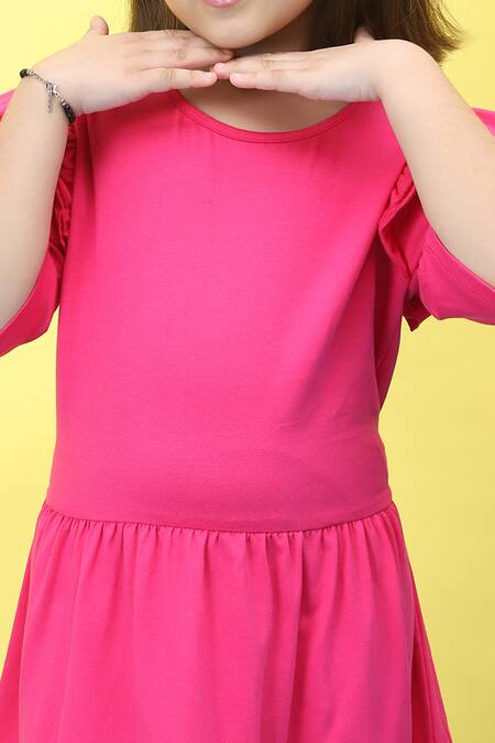 Samyukta Singhania_Pink Cotton Ruffles Knee-length Dress With Rose Sleeves_at_Aza_Fashions