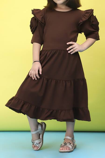 Buy_Samyukta Singhania_Brown Cotton Knee-length Dress With Rose Sleeves_Online_at_Aza_Fashions