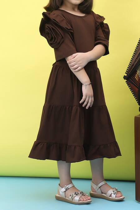 Shop_Samyukta Singhania_Brown Cotton Knee-length Dress With Rose Sleeves_Online_at_Aza_Fashions