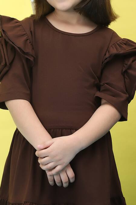 Samyukta Singhania_Brown Cotton Knee-length Dress With Rose Sleeves_at_Aza_Fashions