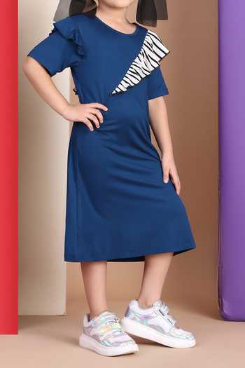 Shop_Petite Pomme_Blue Viscose Fringe Stripe Detail Frilled Armhole Dress _Online_at_Aza_Fashions