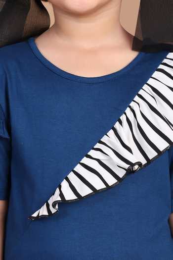 Buy_Petite Pomme_Blue Viscose Fringe Stripe Detail Frilled Armhole Dress 