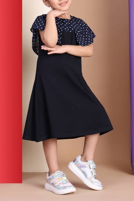 Petite Pomme_Blue Cotton Sailor Dress With Polka Dot Cape _at_Aza_Fashions