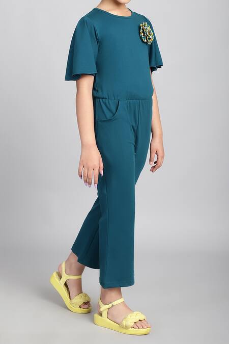 Petite Pomme_Blue Cotton Fabric Flowers Flared Sleeve Jumpsuit _Online_at_Aza_Fashions