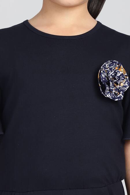 Petite Pomme_Blue Cotton Flared Sleeve Jumpsuit With Flower Detail _Online_at_Aza_Fashions