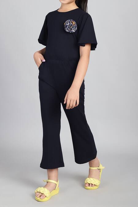 Buy_Petite Pomme_Blue Cotton Flared Sleeve Jumpsuit With Flower Detail _Online_at_Aza_Fashions
