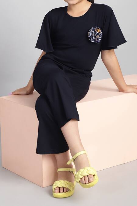 Buy_Petite Pomme_Blue Cotton Flared Sleeve Jumpsuit With Flower Detail 