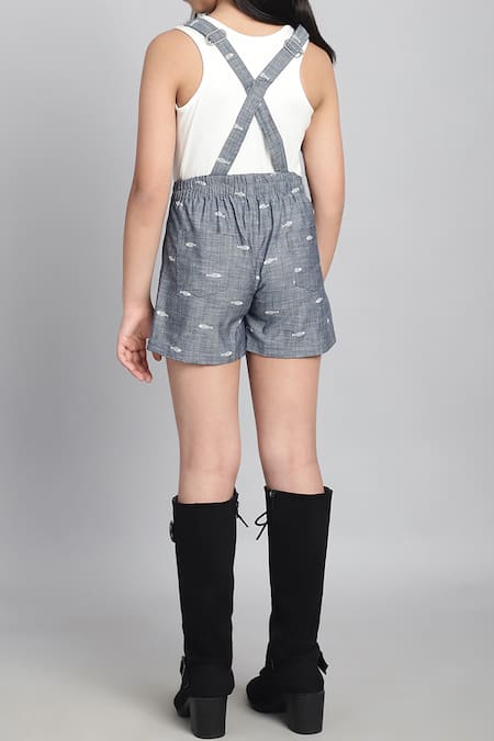 Petite Pomme Fish Denim Dungarees & Ecru T-Shirt Set 