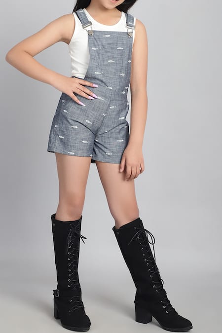 Shop_Petite Pomme_Gray Cotton, Viscose Fish Denim Dungarees And Ecru T-shirt Set _Online_at_Aza_Fashions