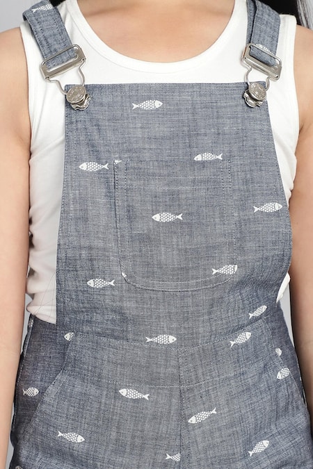 Petite Pomme_Gray Cotton, Viscose Fish Denim Dungarees And Ecru T-shirt Set _at_Aza_Fashions