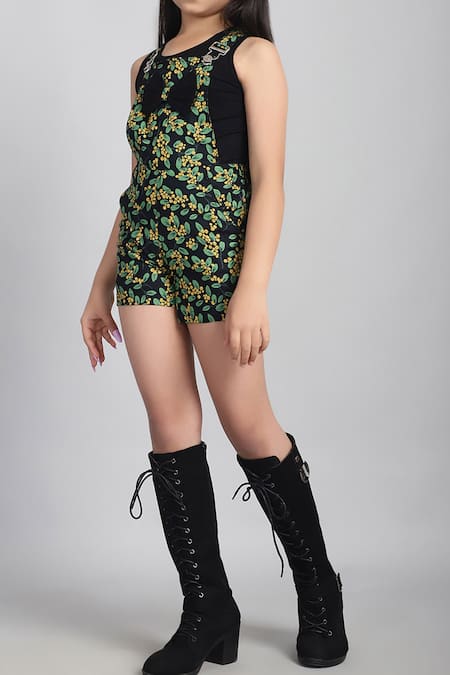 Petite Pomme_Black Cotton, Viscose Bows Printed Lycra Dungarees And T-shirt Set _Online_at_Aza_Fashions