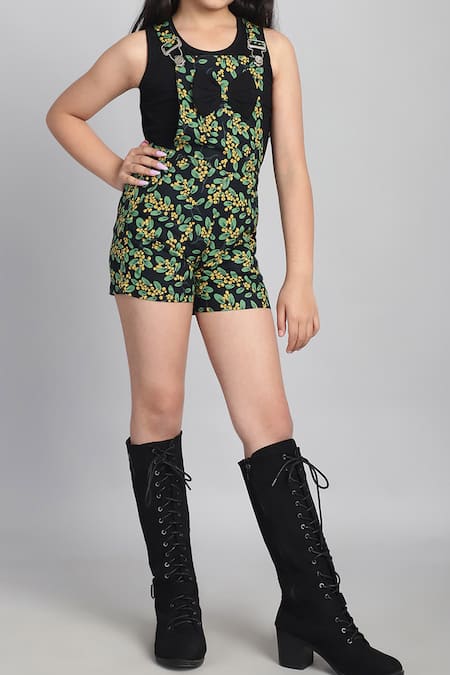 Shop_Petite Pomme_Black Cotton, Viscose Bows Printed Lycra Dungarees And T-shirt Set _Online_at_Aza_Fashions