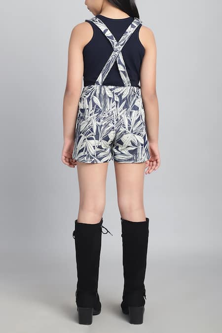 Shop_Petite Pomme_Blue Cotton, Viscose Leaf Print Dungarees And Sleeveless T-shirt Set _at_Aza_Fashions