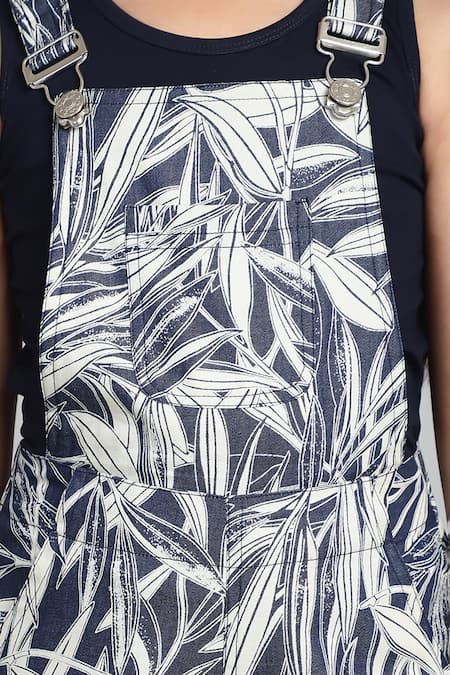 Petite Pomme_Blue Cotton, Viscose Leaf Print Dungarees And Sleeveless T-shirt Set _at_Aza_Fashions