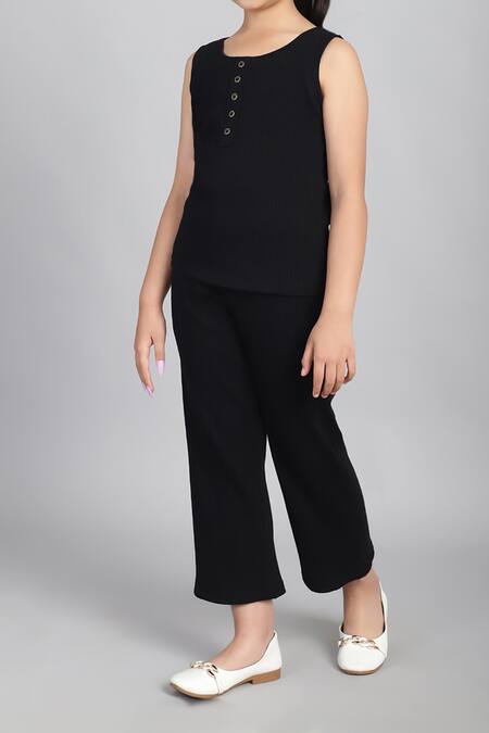 Samyukta Singhania_Black Cotton Ribbed Co-ord Set With Buttons_Online_at_Aza_Fashions