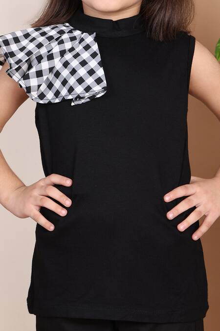 Shop_Petite Pomme_Black Viscose Checkered Frill Top _Online_at_Aza_Fashions