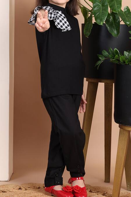 Petite Pomme_Black Viscose Checkered Frill Top _at_Aza_Fashions