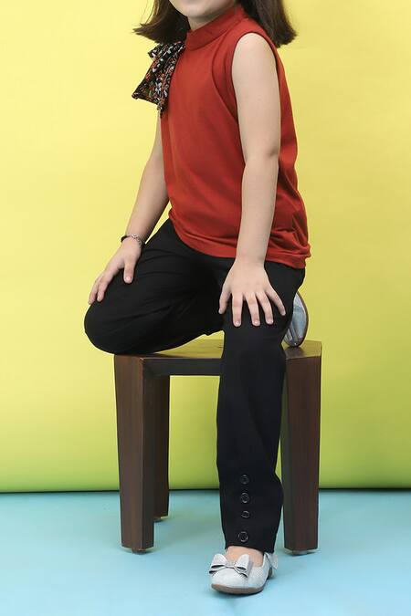 Shop_Samyukta Singhania_Rust Viscose Printed Frill Top_Online_at_Aza_Fashions