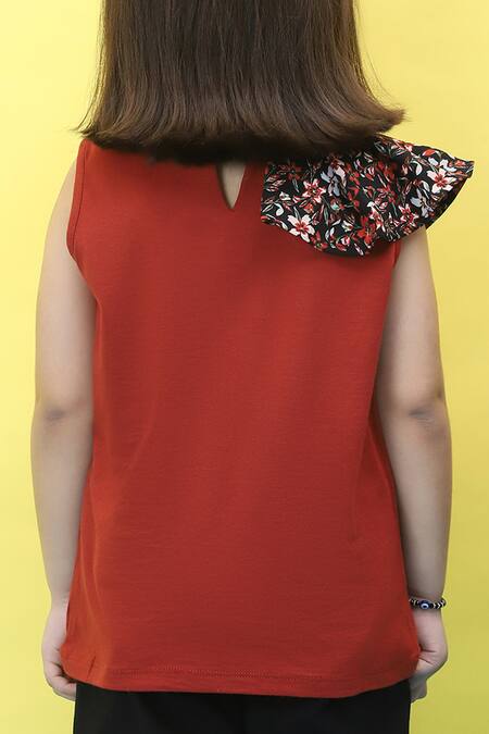 Shop_Samyukta Singhania_Rust Viscose Printed Frill Top_at_Aza_Fashions