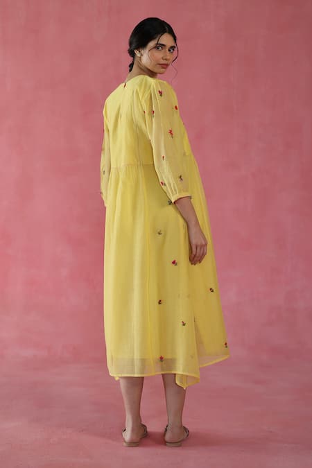 Begum Yellow Chanderi Silk Embroidery Round Neck Hand Midi Dress Online at Aza Fashions Begum_Yellow Chanderi Silk Embroidery Round Neck Hand Midi Dress _Online_at_Aza_Fashions