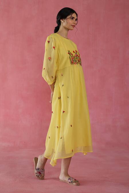 Buy Begum Yellow Chanderi Silk Embroidery Round Neck Hand Midi Dress Online at Aza Fashions Buy_Begum_Yellow Chanderi Silk Embroidery Round Neck Hand Midi Dress _Online_at_Aza_Fashions
