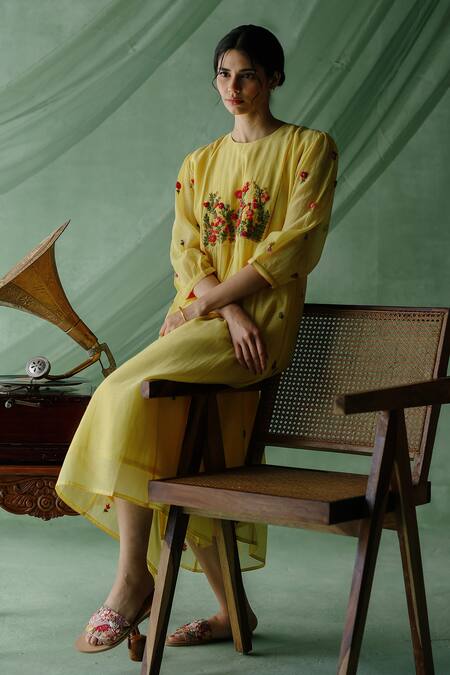 Shop Begum Yellow Chanderi Silk Embroidery Round Neck Hand Midi Dress Online at Aza Fashions Shop_Begum_Yellow Chanderi Silk Embroidery Round Neck Hand Midi Dress _Online_at_Aza_Fashions