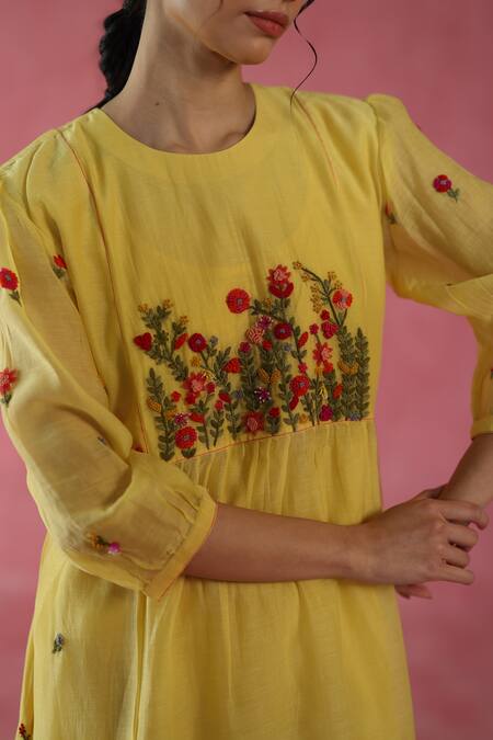 Begum_Yellow Chanderi Silk Embroidery Round Neck Hand Midi Dress _at_Aza_Fashions