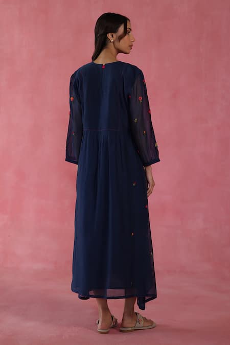 Begum Navy Chanderi Silk, Cotton Embroidery Round Neck Blue Imarti Dress Online at Aza Fashions Begum_Navy Chanderi Silk, Cotton Embroidery Round Neck Blue Imarti Dress _Online_at_Aza_Fashions