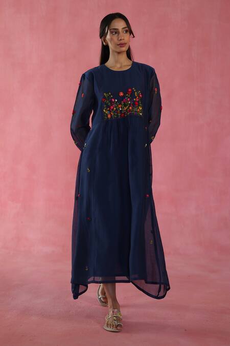 Shop Begum Navy Chanderi Silk, Cotton Embroidery Round Neck Blue Imarti Dress Online at Aza Fashions Shop_Begum_Navy Chanderi Silk, Cotton Embroidery Round Neck Blue Imarti Dress _Online_at_Aza_Fashions