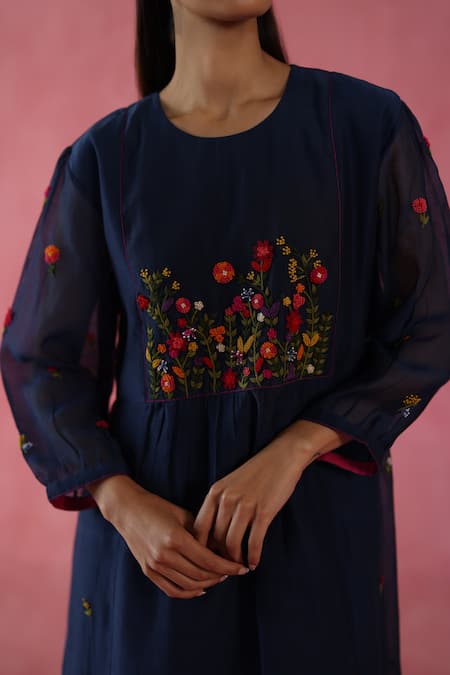 Begum_Navy Chanderi Silk, Cotton Embroidery Round Neck Blue Imarti Dress _at_Aza_Fashions