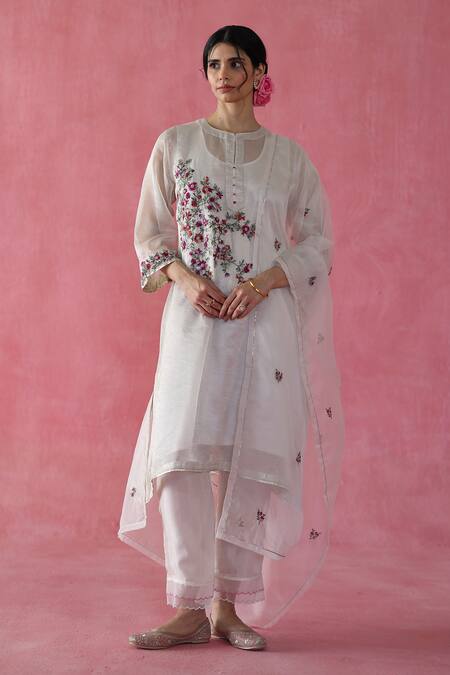 Shop Begum Ivory Silk, Organza Zari, Gota Patti, Embroidery Collared Phirni Kurta Set Online at Aza Fashions Shop_Begum_Ivory Silk, Organza Zari, Gota Patti, Embroidery Collared Phirni Kurta Set _Online_at_Aza_Fashions