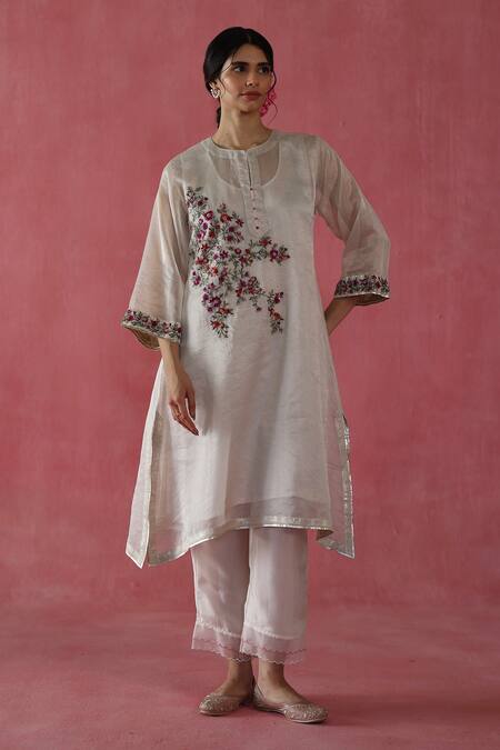 Begum Ivory Silk, Organza Zari, Gota Patti, Embroidery Collared Phirni Kurta Set at Aza Fashions Begum_Ivory Silk, Organza Zari, Gota Patti, Embroidery Collared Phirni Kurta Set _at_Aza_Fashions