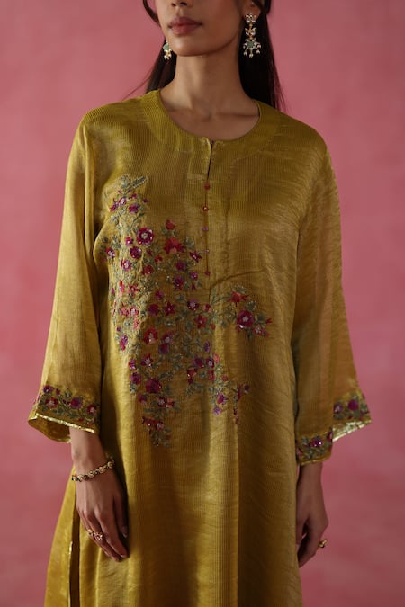Begum_Yellow Silk, Cotton, Hemp, Organza Embroidery, Gota Patti Round Phirni Kurta Set _Online_at_Aza_Fashions