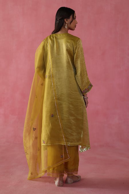 Shop Begum Yellow Silk, Cotton, Hemp, Organza Embroidery, Gota Patti Round Phirni Kurta Set at Aza Fashions Shop_Begum_Yellow Silk, Cotton, Hemp, Organza Embroidery, Gota Patti Round Phirni Kurta Set _at_Aza_Fashions