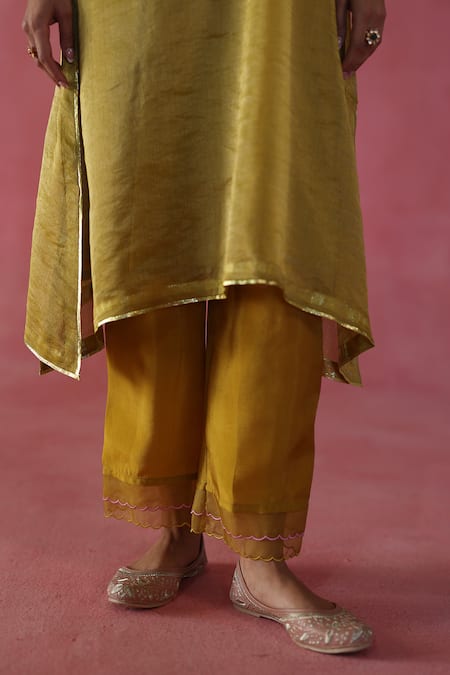 Shop Begum Yellow Silk, Cotton, Hemp, Organza Embroidery, Gota Patti Round Phirni Kurta Set Online at Aza Fashions Shop_Begum_Yellow Silk, Cotton, Hemp, Organza Embroidery, Gota Patti Round Phirni Kurta Set _Online_at_Aza_Fashions