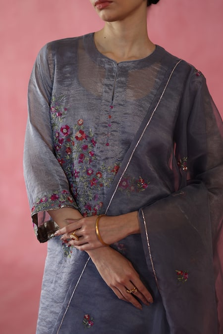 Begum_Gray Silk, Organza Zari, Sequins, Embroidery Round Neck Phirni Kurta Set _Online_at_Aza_Fashions