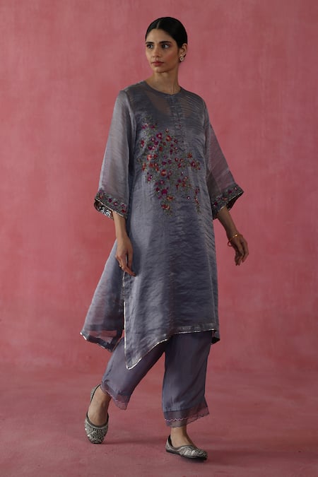 Buy Begum Gray Silk, Organza Zari, Sequins, Embroidery Round Neck Phirni Kurta Set Online at Aza Fashions Buy_Begum_Gray Silk, Organza Zari, Sequins, Embroidery Round Neck Phirni Kurta Set _Online_at_Aza_Fashions