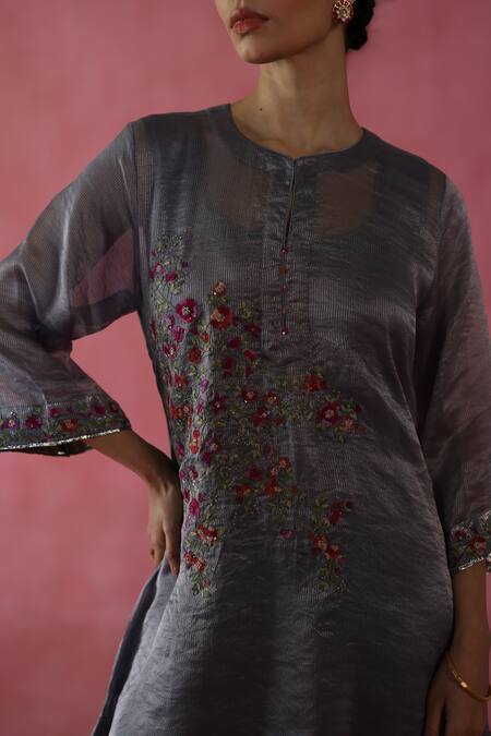 Shop_Begum_Gray Silk, Organza Zari, Sequins, Embroidery Round Neck Phirni Kurta Set _Online_at_Aza_Fashions