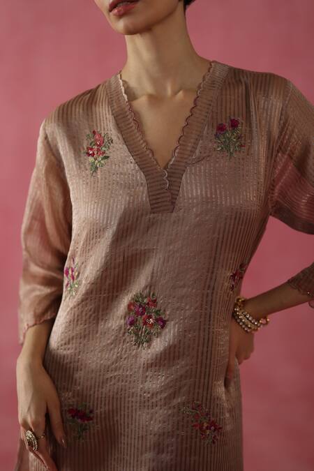 Buy_Begum_Beige Silk, Organza Sequins, Gota Patti, Embroidery Zari Shakkar Kurta Set _Online_at_Aza_Fashions