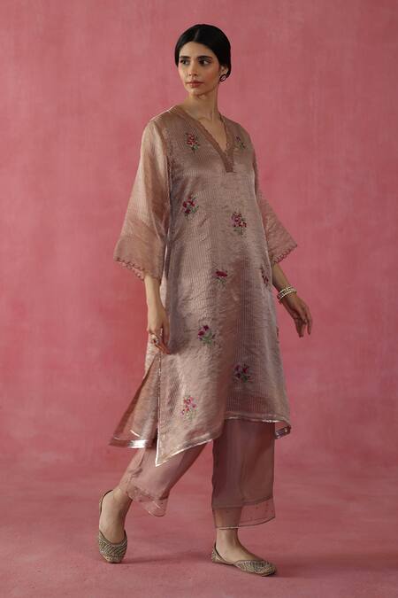 Shop_Begum_Beige Silk, Organza Sequins, Gota Patti, Embroidery Zari Shakkar Kurta Set _Online_at_Aza_Fashions
