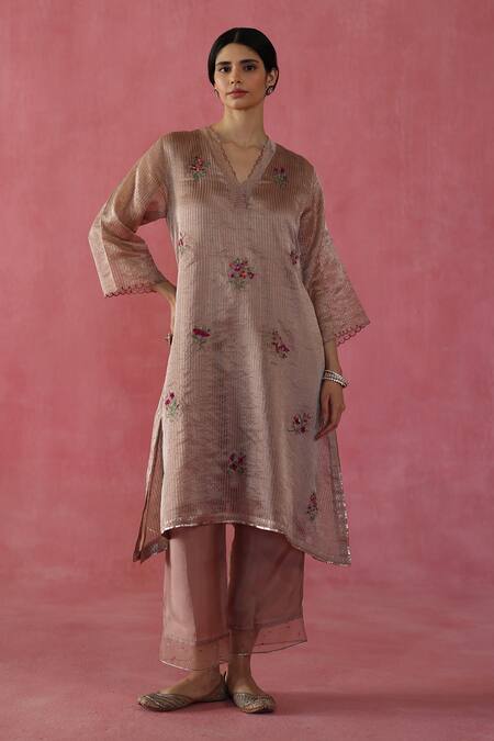 Begum_Beige Silk, Organza Sequins, Gota Patti, Embroidery Zari Shakkar Kurta Set _at_Aza_Fashions