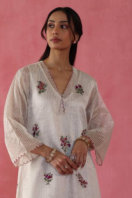 Begum_Ivory Silk, Organza Sequins, Gota Patti, Embroidery Zari Shakkar Kurta Set _Online_at_Aza_Fashions