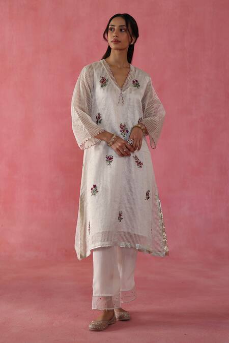 Shop_Begum_Ivory Silk, Organza Sequins, Gota Patti, Embroidery Zari Shakkar Kurta Set _Online_at_Aza_Fashions