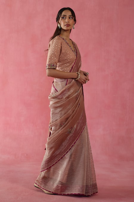 Buy_Begum_Beige , Satin Sequins, Embroidery V-neck Zari Anjeer Saree Set _Online_at_Aza_Fashions