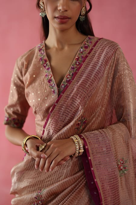 Shop_Begum_Beige , Satin Sequins, Embroidery V-neck Zari Anjeer Saree Set _Online_at_Aza_Fashions