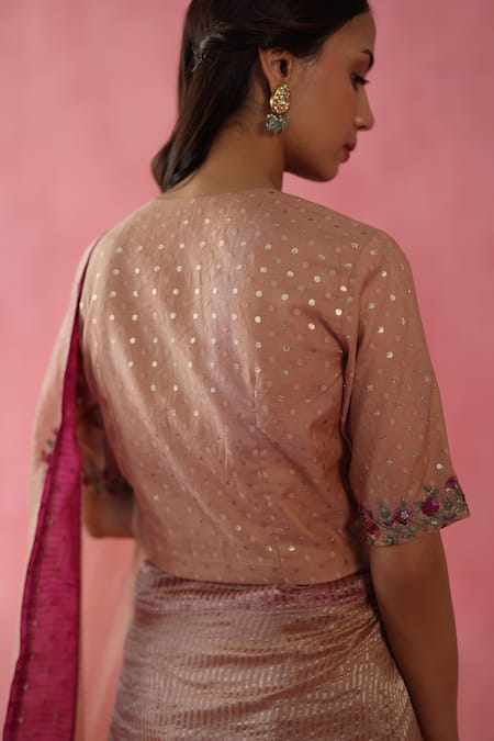 Begum_Beige , Satin Sequins, Embroidery V-neck Zari Anjeer Saree Set _at_Aza_Fashions