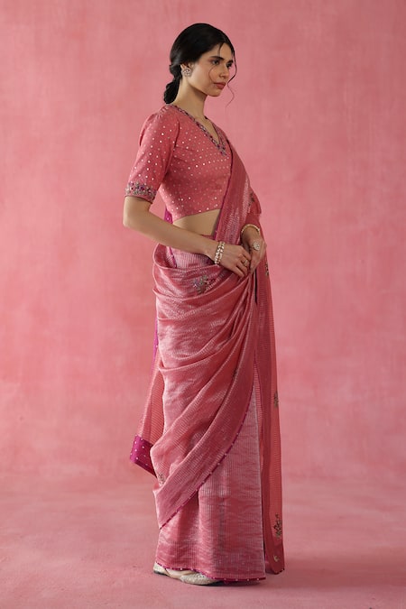 Begum_Peach Silk, Satin Embroidery, Sequins V-neck Anjeer Zari Saree Set _Online_at_Aza_Fashions