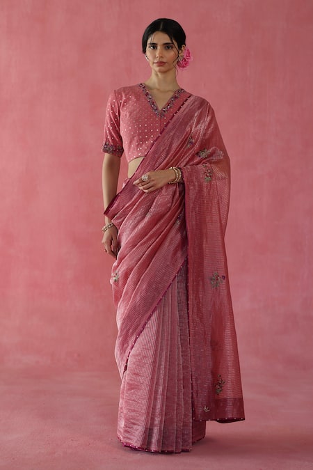 Shop_Begum_Peach Silk, Satin Embroidery, Sequins V-neck Anjeer Zari Saree Set _Online_at_Aza_Fashions